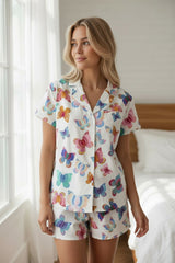 Ensemble pyjama chemise à manches courtes à motif papillon multicolore