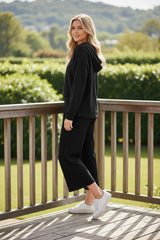 Black Textured Solid V-Neck Top and Wide Leg Pants Set