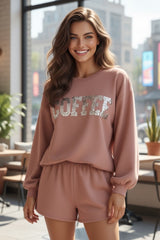 COFFEE Straw Yellow Sequin Loose Sweatshirt and Shorts Set