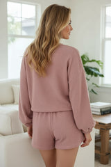 Ensemble short et pull à épaules tombantes en tricot texturé de couleur unie Fushia