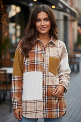 Orange plaid patchwork shirt jacket with pocket