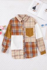 Orange plaid patchwork shirt jacket with pocket