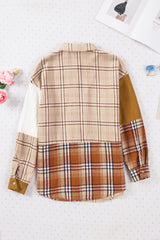 Orange plaid patchwork shirt jacket with pocket