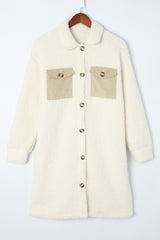 Teddy beige coat with single buttoning and contrasting flap pocket