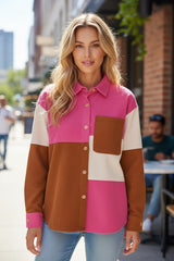 Rose Red Color Block Curved Hem Corduroy Jacket with Pocket