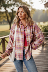 Chemise Veste à manches longues et poche poitrine à imprimé écossais rose