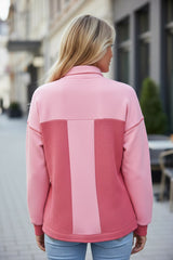 Veste ample boutonnée en tricot gaufré contrasté bicolore à fleurs de pêcher