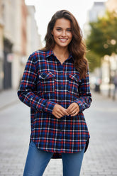Navy Blue Plaid Button Down Jacket with Flap Pocket