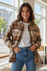 Veste à carreaux en flanelle beige français clair avec poche à double rabat