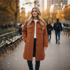 Manteau Duster doré à col texturé et épaules tombantes boutonné sur le devant