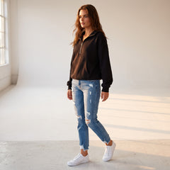 Sweat à capuche noir doublé en polaire, demi-zip et poche kangourou
