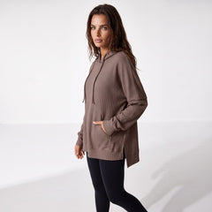 Oversized High Low Fleece Lined Waffle Knit Hoodie Coffee