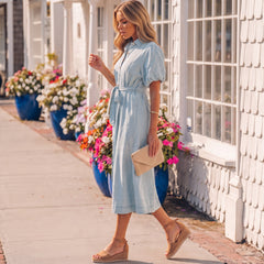 Robe midi en jean à manches courtes bouffantes