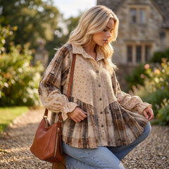 Veste-chemise beige à patchwork floral et manches volantées
