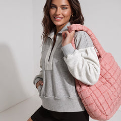 Grey Half Zip Drop Shoulder Sweatshirt with Side Slits