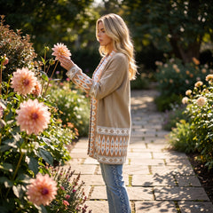 Khaki Aztec Print Open Front Knitted Cardigan