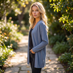 Ashleigh Solid Blue Ribbed Knit Open Front Tunic Cardigan