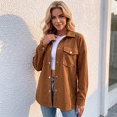 Textured brown jacket with flap pockets and drooping shoulders