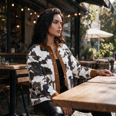 Veste longue en jean multicolore imprimé vache à col en velours côtelé