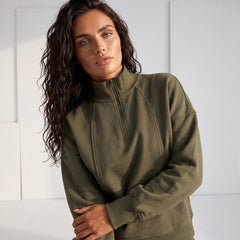 Sweat-shirt à col zippé et épaules tombantes vert jungle
