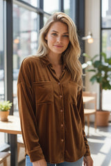 Chemise en Velours à Epaules Tombantes avec Poche Poitrine de Grande Taille