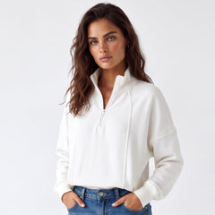 Sweat-shirt blanc à col zippé et épaules tombantes