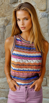 Gilet pull à col rond en tricot texturé à rayures bleu foncé *