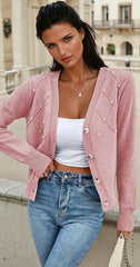 Cardigan boutonné en tricot texturé avec perles *