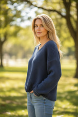 Pull à col V doux et chaud Bleu marine