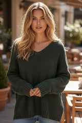 Pull à col V doux et chaud Vert Kaki foncé