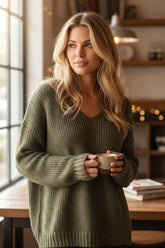 Pull à col V doux et chaud Vert Kaki clair