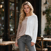 Haut beige color block à col rond et épaules tombantes