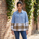 Veste en jean oversize bleue à carreaux et patchwork