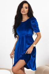Voile blue velvet ruched mini dress with pockets and short sleeves