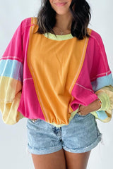Rose Rouge Sweat-shirt Colorblock Patchwork à Coutures Exposées de Grande Taille