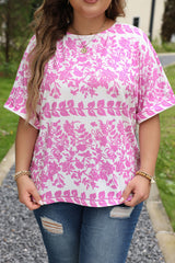 T-shirt blanc à imprimé floral et ourlet incurvé, grande taille