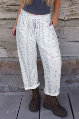 Pantalon gris fleuri à taille élastiquée, coupe regular