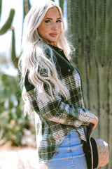 Blackish green color block plaid jacket with snap buttons