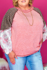 Pink Plaid Paisley Patchwork Raglan Sleeve Stitching Plus Size Top