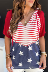Hooded t-shirt with tightening printed stars and fiery red stripes