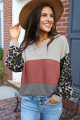Bright Red Wild Leopard Contrast Sleeve Color Block Waffle Knit Top