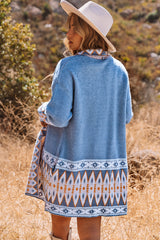 Cardigan tricoté bleu à imprimé aztèque ouvert sur le devant-A WOMAN WE LOVE