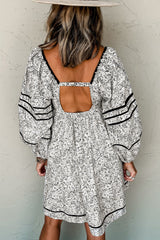 Floral Print Open Back Mini Dress with Balloon Sleeves and Square Neck in Grey