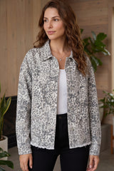 Khaki Leopard Print Studded Collar Studded Patch Pocket 100% Cotton Denim Jacket