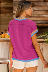 T-shirt with round neck and contrasting border textured bright pink