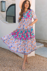 Robe à manches courtes et col fendu à imprimé floral mixte bleu ciel