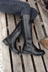 Bottes hautes noires en simili cuir à talon bas large et zip latéral
