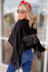 GAME DAY Rugby Black Fringed Sequin Cropped Sweatshirt