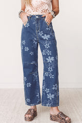 Blue Floral Print Ankle Length Casual Pocket Jeans