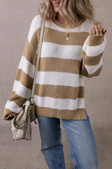 Light beige color block striped sweater with dropped shoulders and side slit